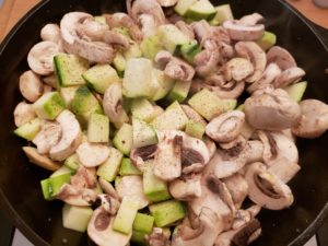 Keto Sausage Vegetable Breakfast Bowl in skillet before cooking